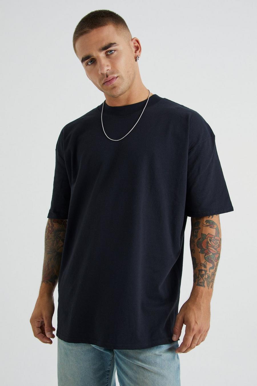 Camiseta oversize con cuello extendido y estampado gráfico de flores, Black