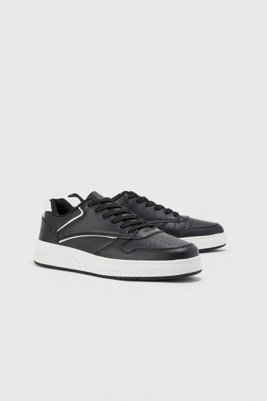 Black Faux Leather Perforated Detail Trainer
