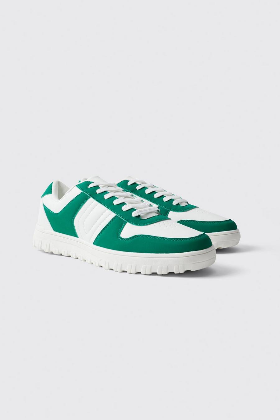 Green Faux Leather Contrast Panel Detail Trainer image number 1
