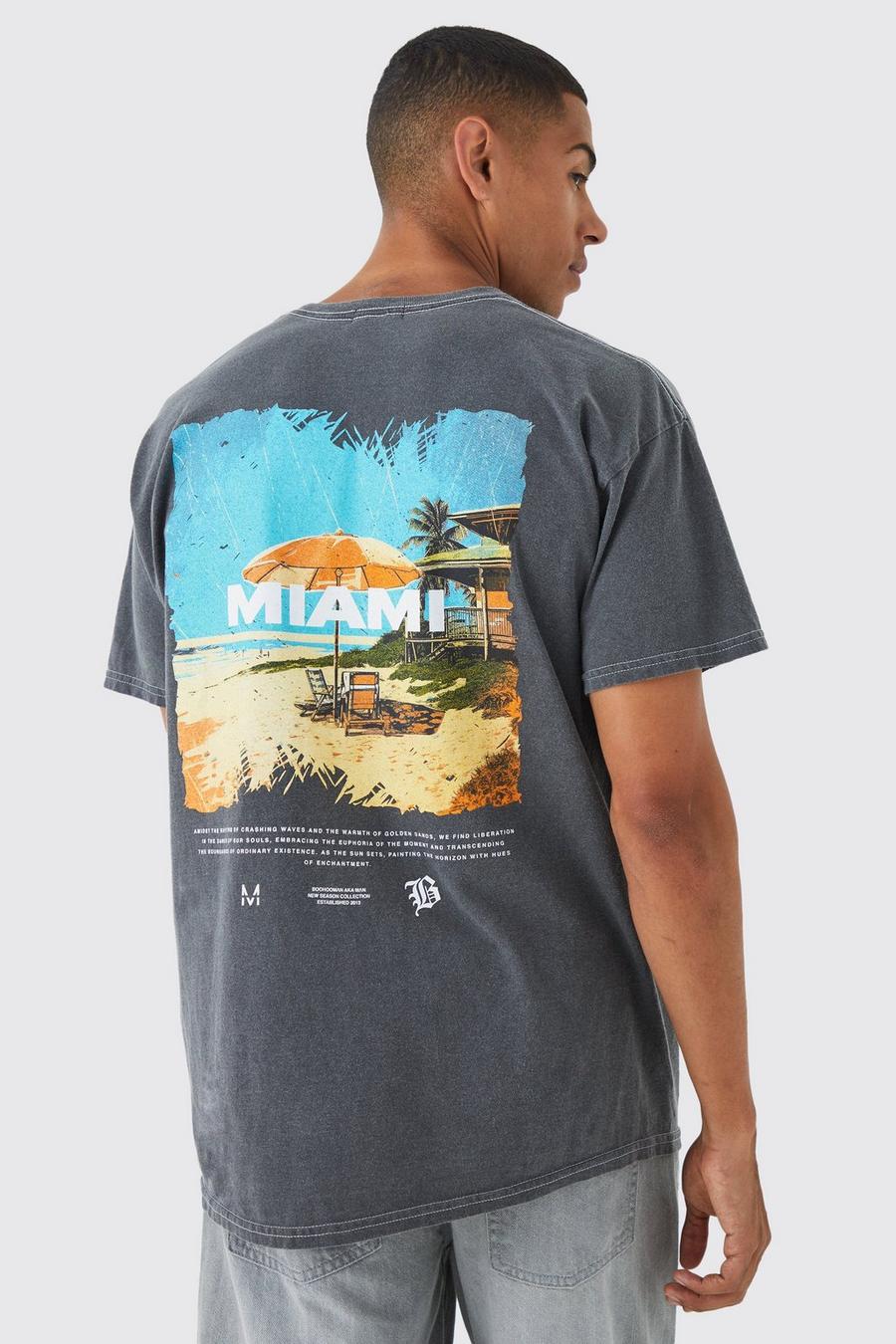 Camiseta oversize sobreteñida con estampado de Miami Beach, Charcoal gris