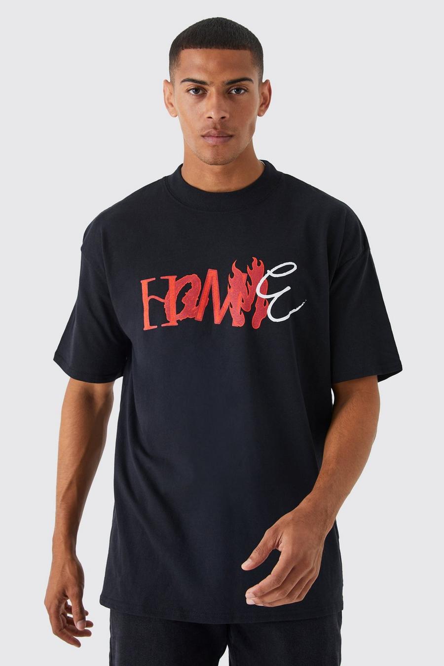 Black noir Oversized Extended Neck Homme Print T-shirt