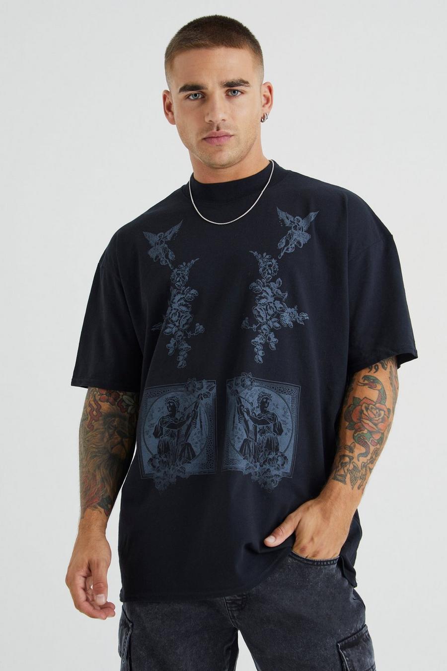 Camiseta oversize con cuello extendido y estampado renacentista, Black image number 1