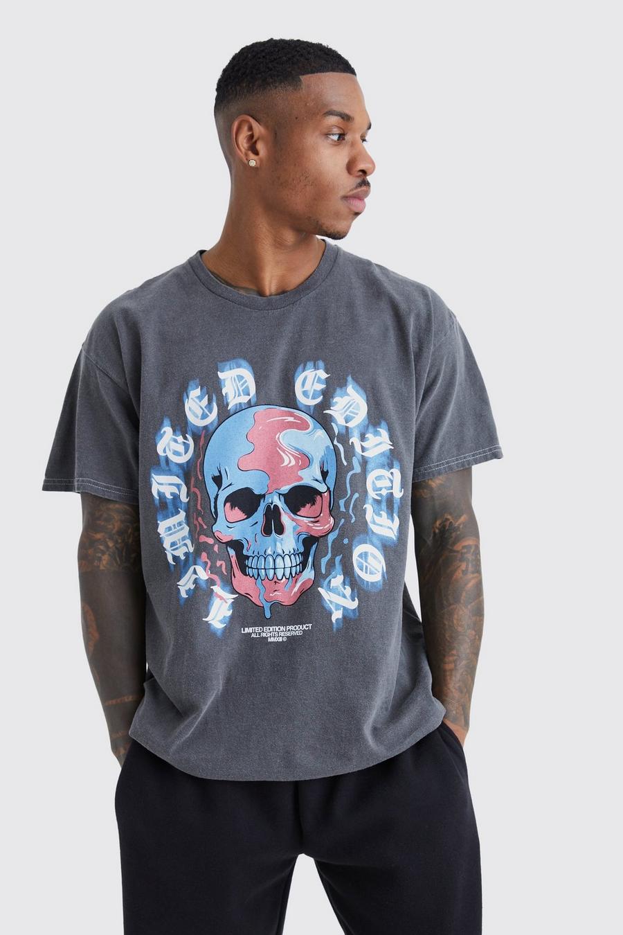 Charcoal grå Oversized Overdyed Drip Skull Gothic T-shirt
