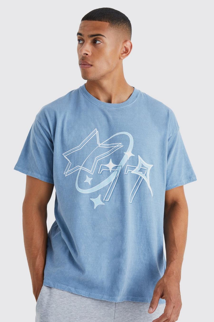 Oversize T-Shirt mit Stern-Print, Washed blue