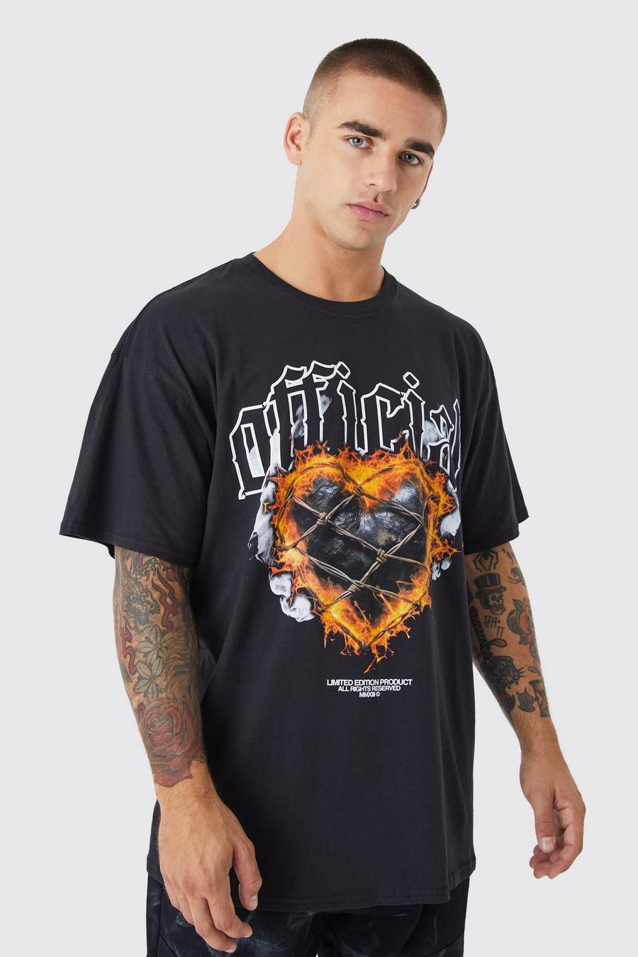 Camiseta oversize Official con estampado de corazones y llamas, Black image number 1