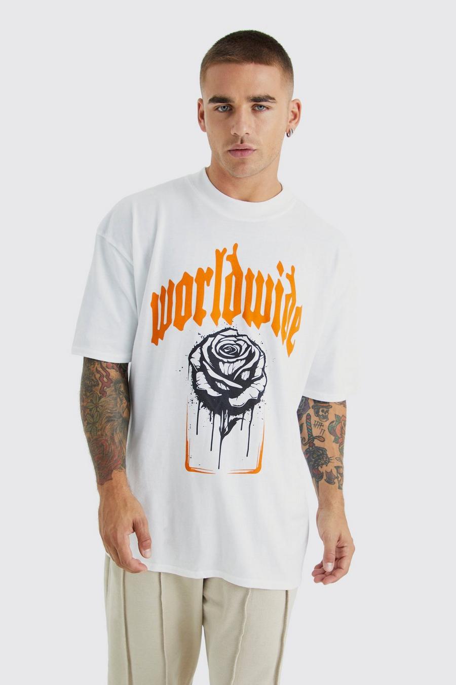 Camiseta oversize con estampado Worldwide de flores, White image number 1