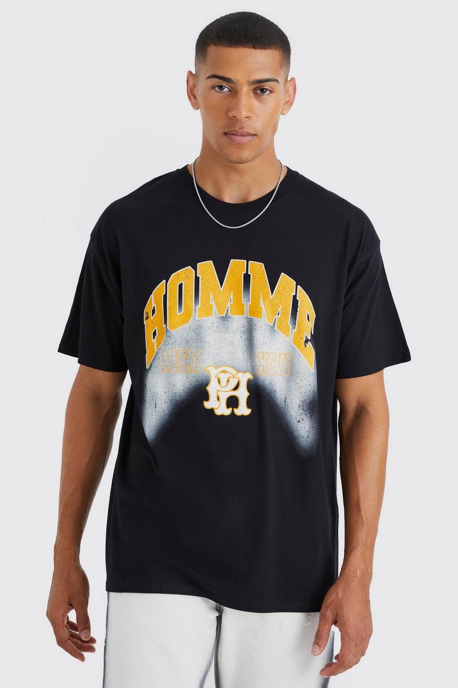Black Oversized Varsity Homme T-Shirt Met Print