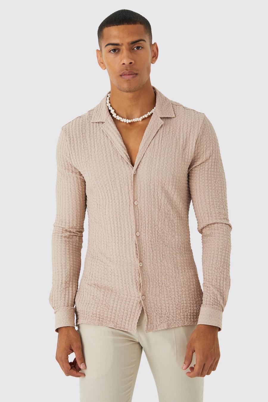 Taupe beige Long Sleeve Drop Revere Muscle Crinkle Shirt image number 1
