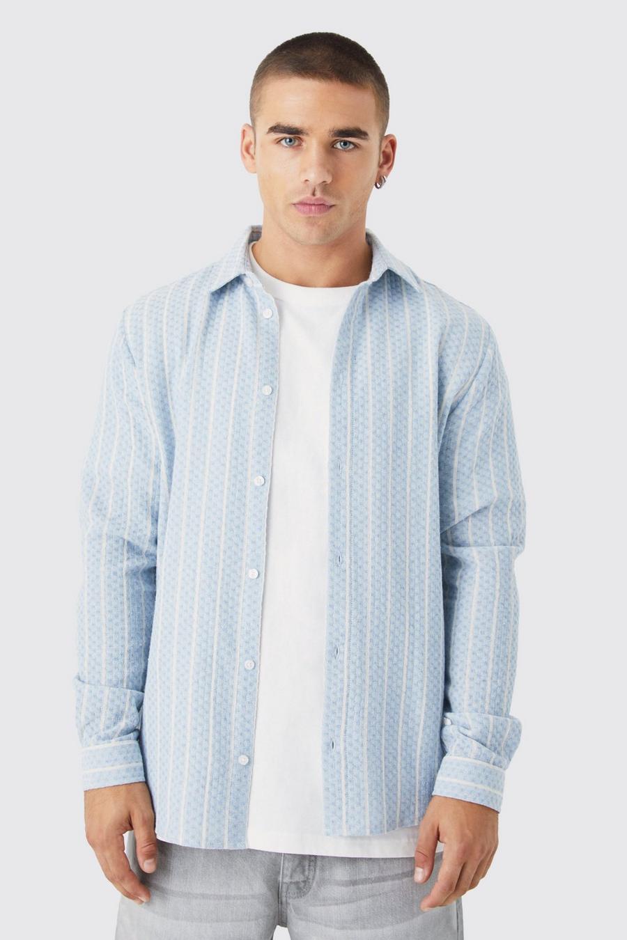Light blue blå Long Sleeve Textured Stripe Shirt