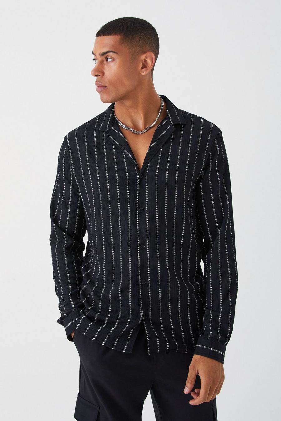 Black Long Sleeve Regular Drop Revere Stripe Shirt image number 1