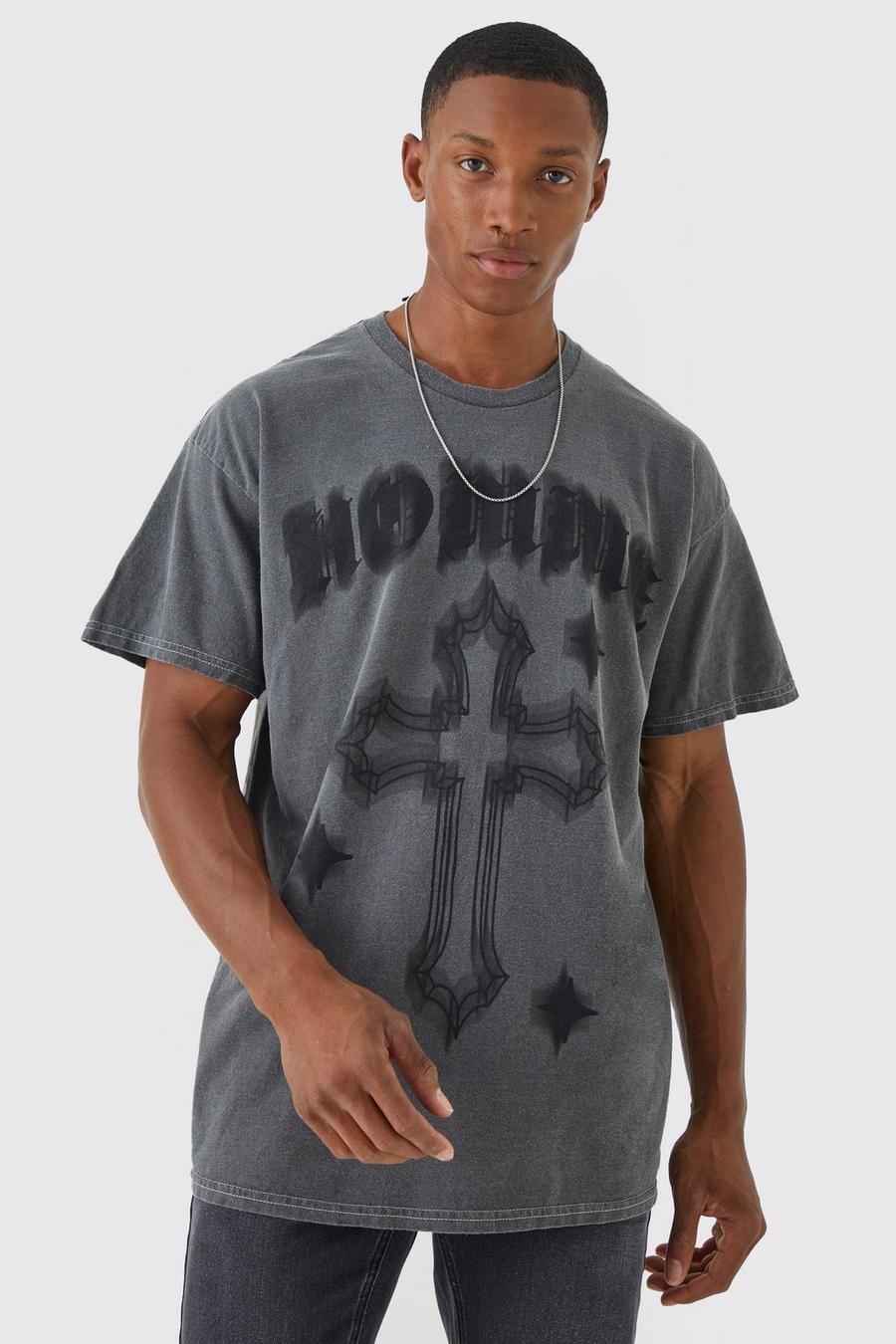 Charcoal grå Oversized Overdyed Gothic Homme Print T-shirt