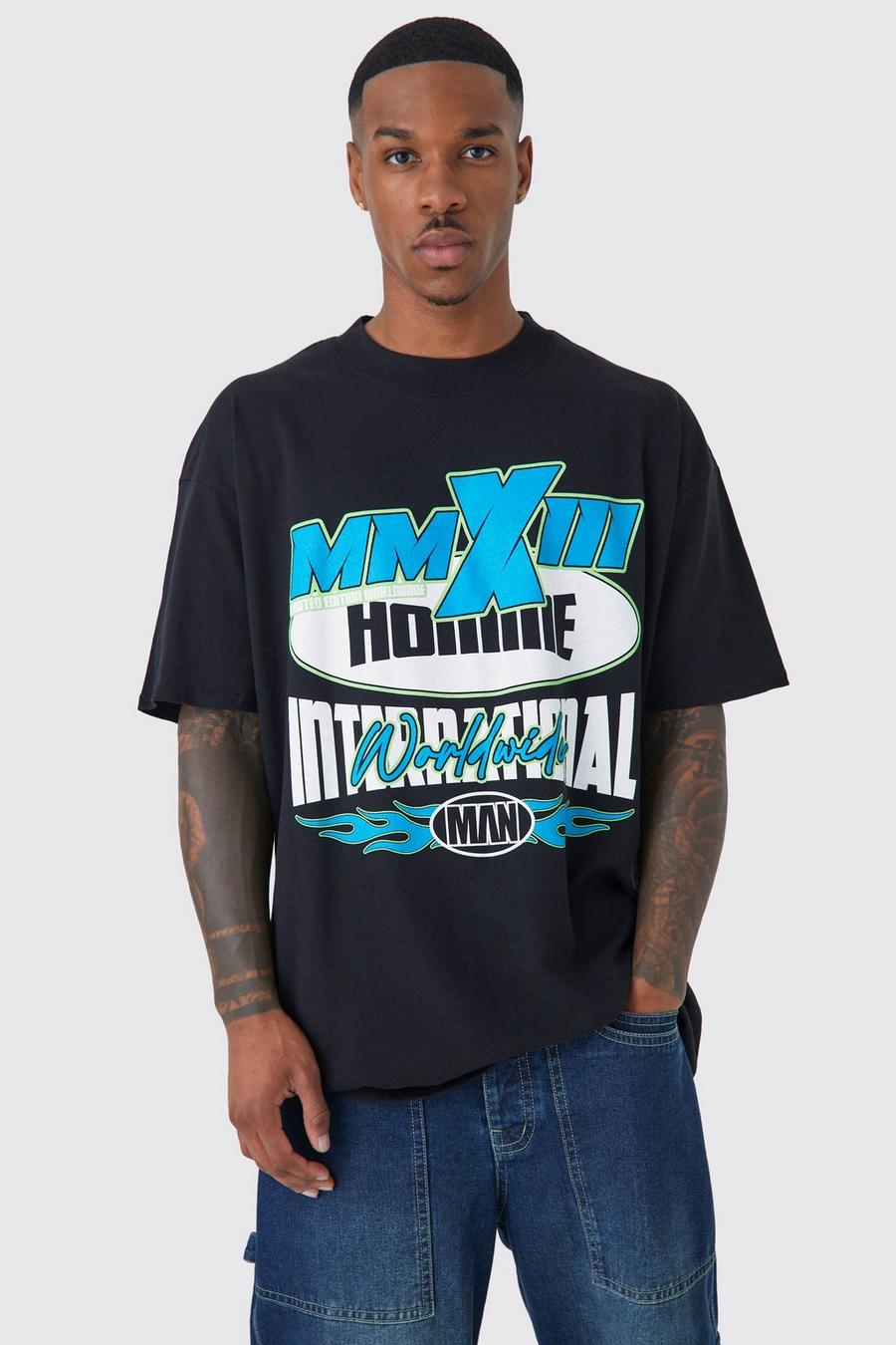 Camiseta oversize con cuello extendido y estampado de motociclismo, Black image number 1