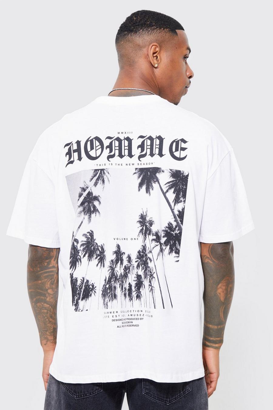 Camiseta oversize con cuello extendido y estampado de palmeras y paraíso, White blanco