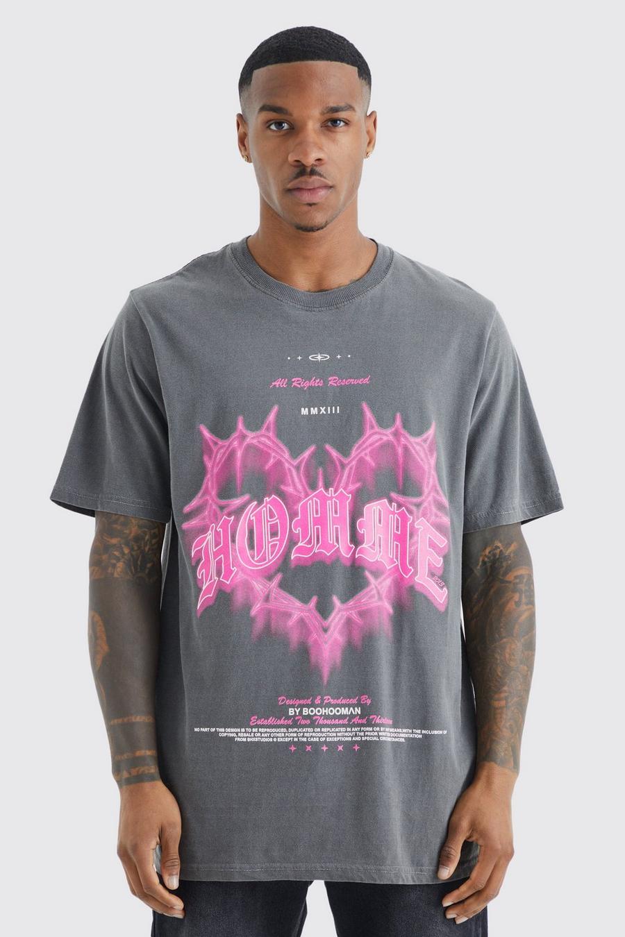 Charcoal grey Oversized Overdye Gothic Homme T-Shirt Met Print