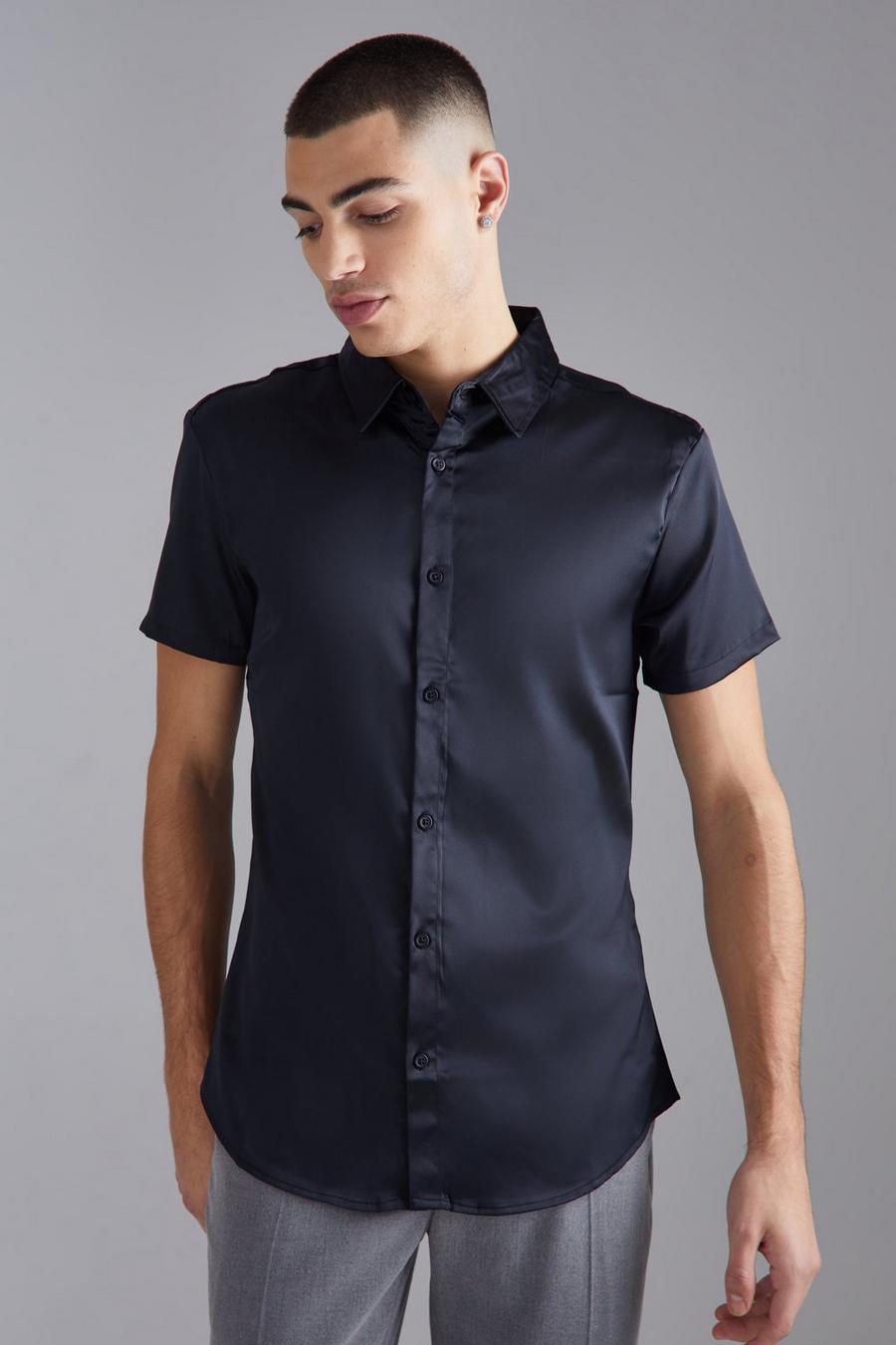 Black svart Short Sleeve Muscle Satin Shirt