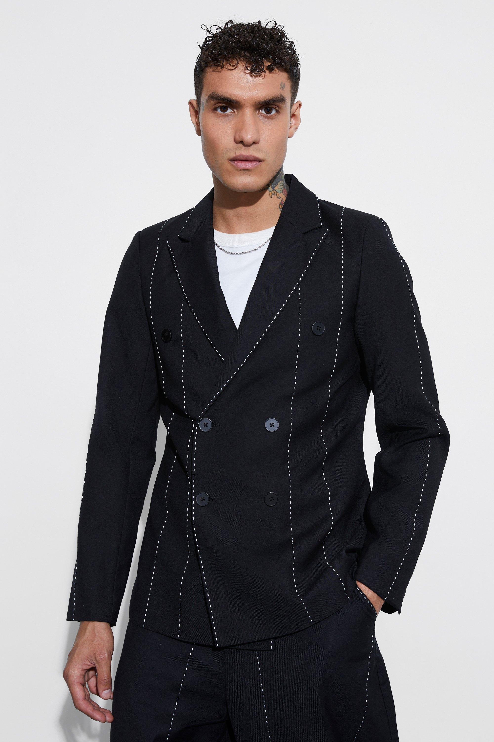 Black Topstitch Slim Fit Double Breasted Blazer