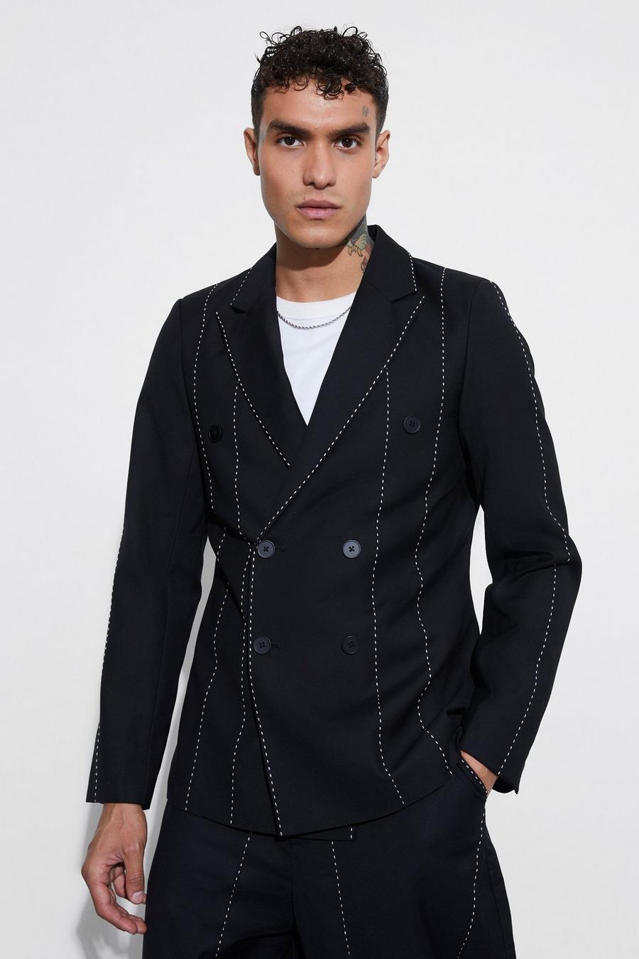 Black Topstitch Slim Fit Double Breasted Blazer image number 1
