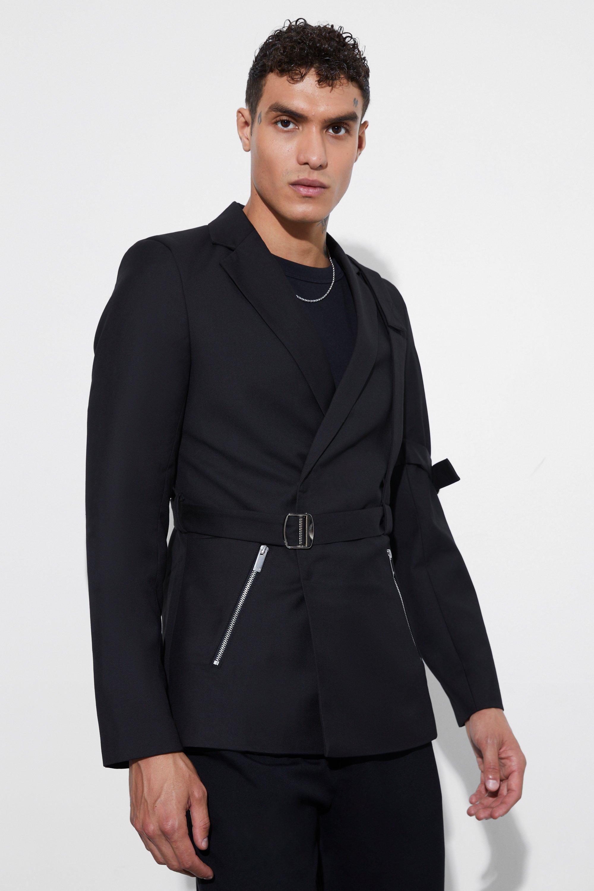 Black Skinny Fit Suit Blazer With Strap Detail