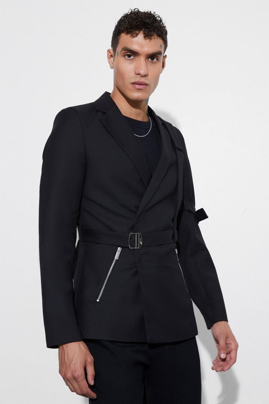 Black Skinny Fit Suit Blazer With Strap Detail image number 1