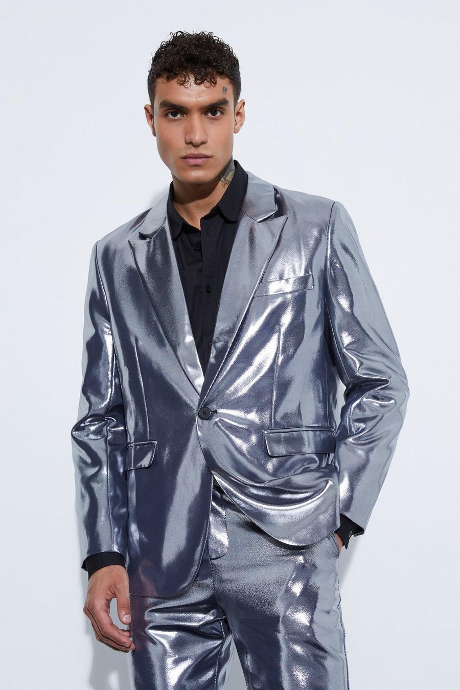 Silver Relaxed Fit Single Breasted Metallic Blazer