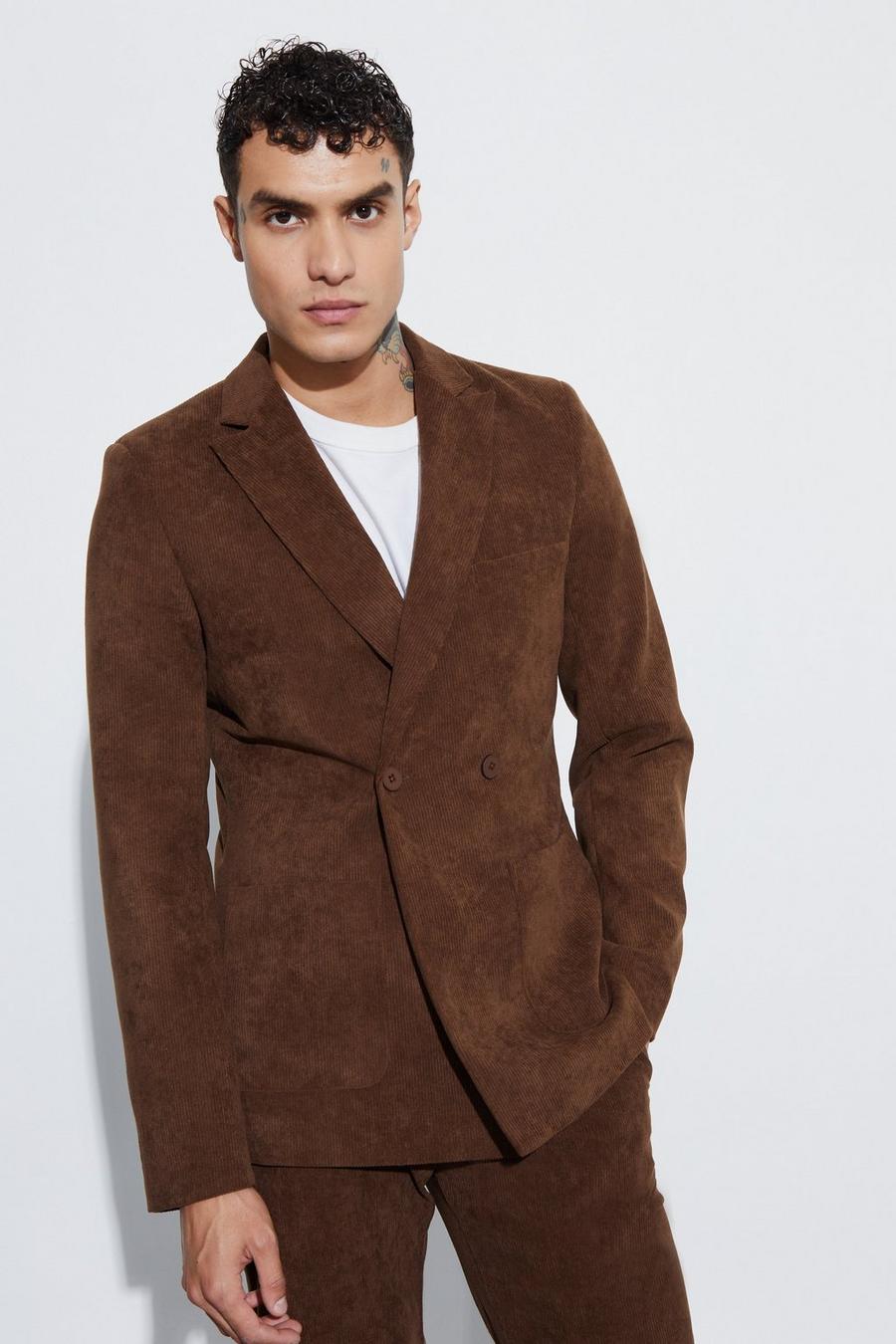 Chocolate Skinny Fit Double Breasted Corduroy Blazer image number 1
