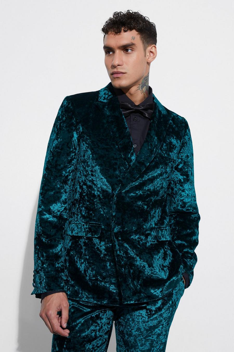 Forest green Slim Fit Crushed Velvet Double Breasted Blazer