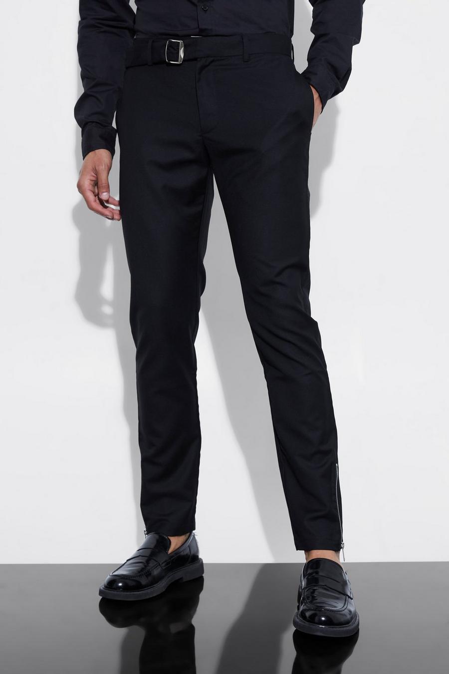 Skinny Anzughose mit Gürtel-Detail, Black