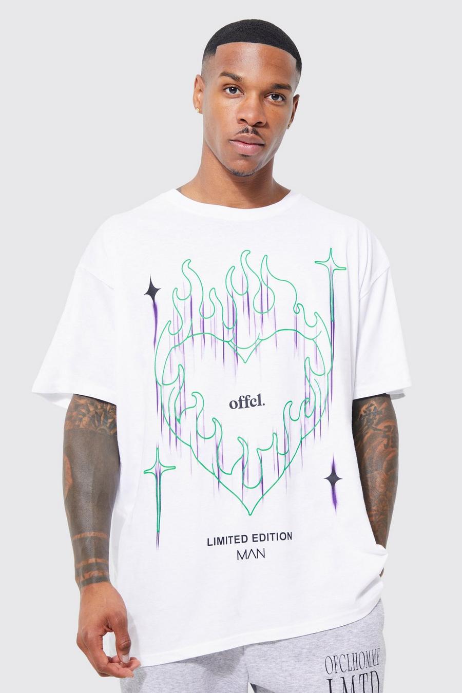 White Oversized Heart Flames T-shirt image number 1
