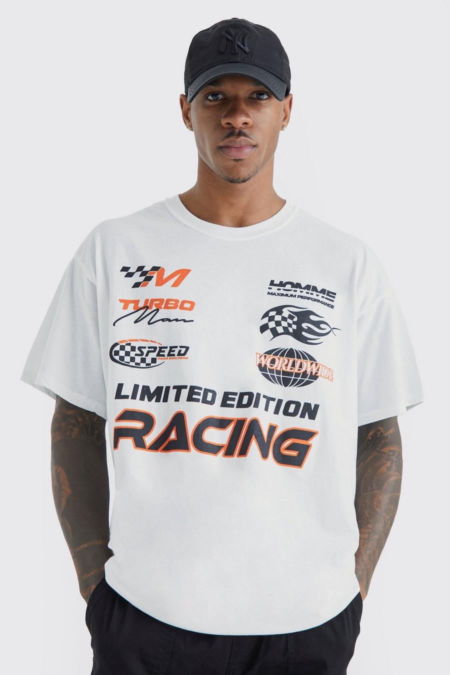 White weiß Oversized Heavyweight Moto Racing T-shirt
