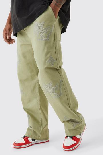 Olive Green Plus Fixed Waist Relaxed Gusset Applique Trouser