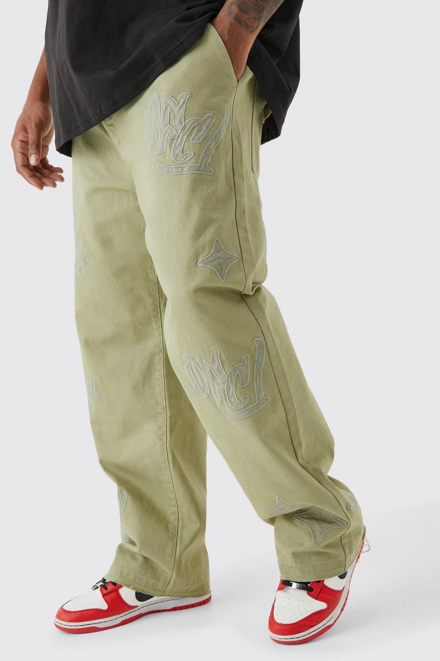 Pantaloni Plus Size rilassati con inserti e applique a vita fissa, Olive image number 1
