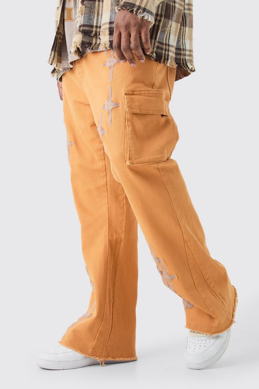 Pantaloni Cargo Plus Size a zampa Skinny Fit con inserti e applique a vita fissa, Orange image number 1