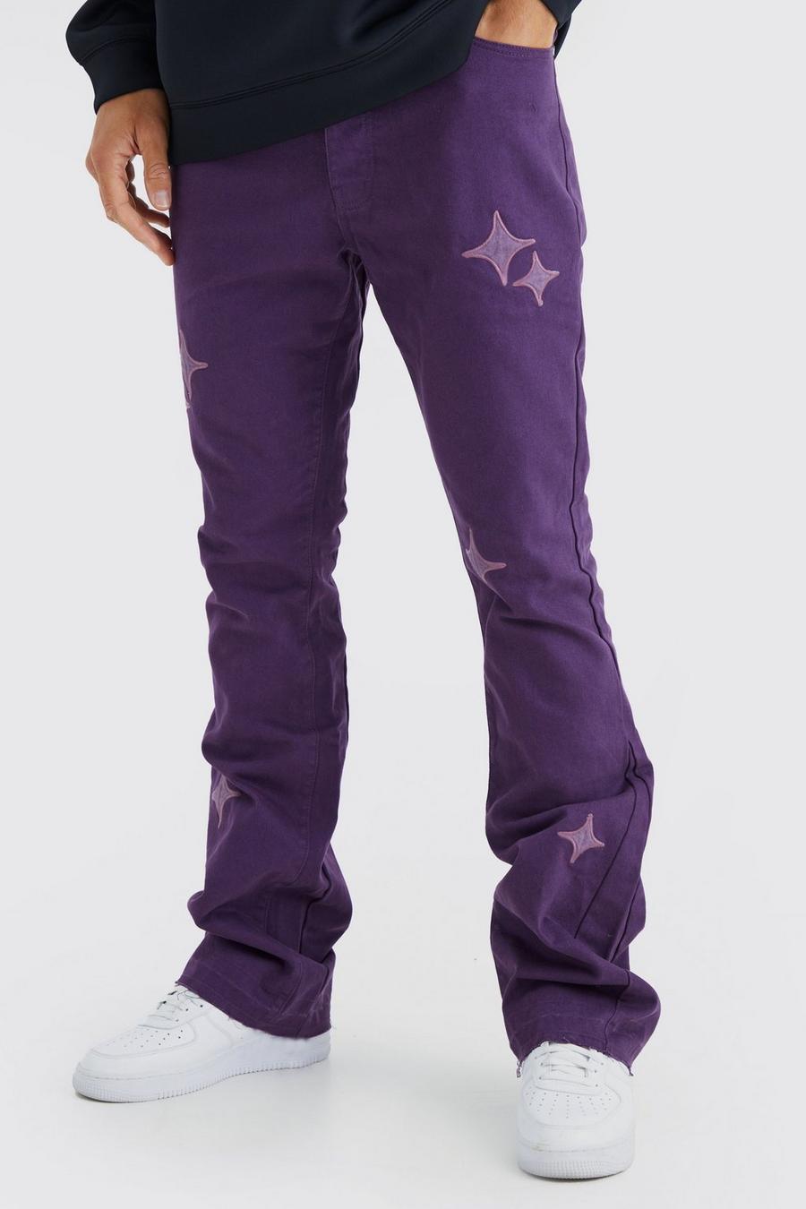 Purple Tall Fixed Waist Slim Flare Gusset Applique Pants