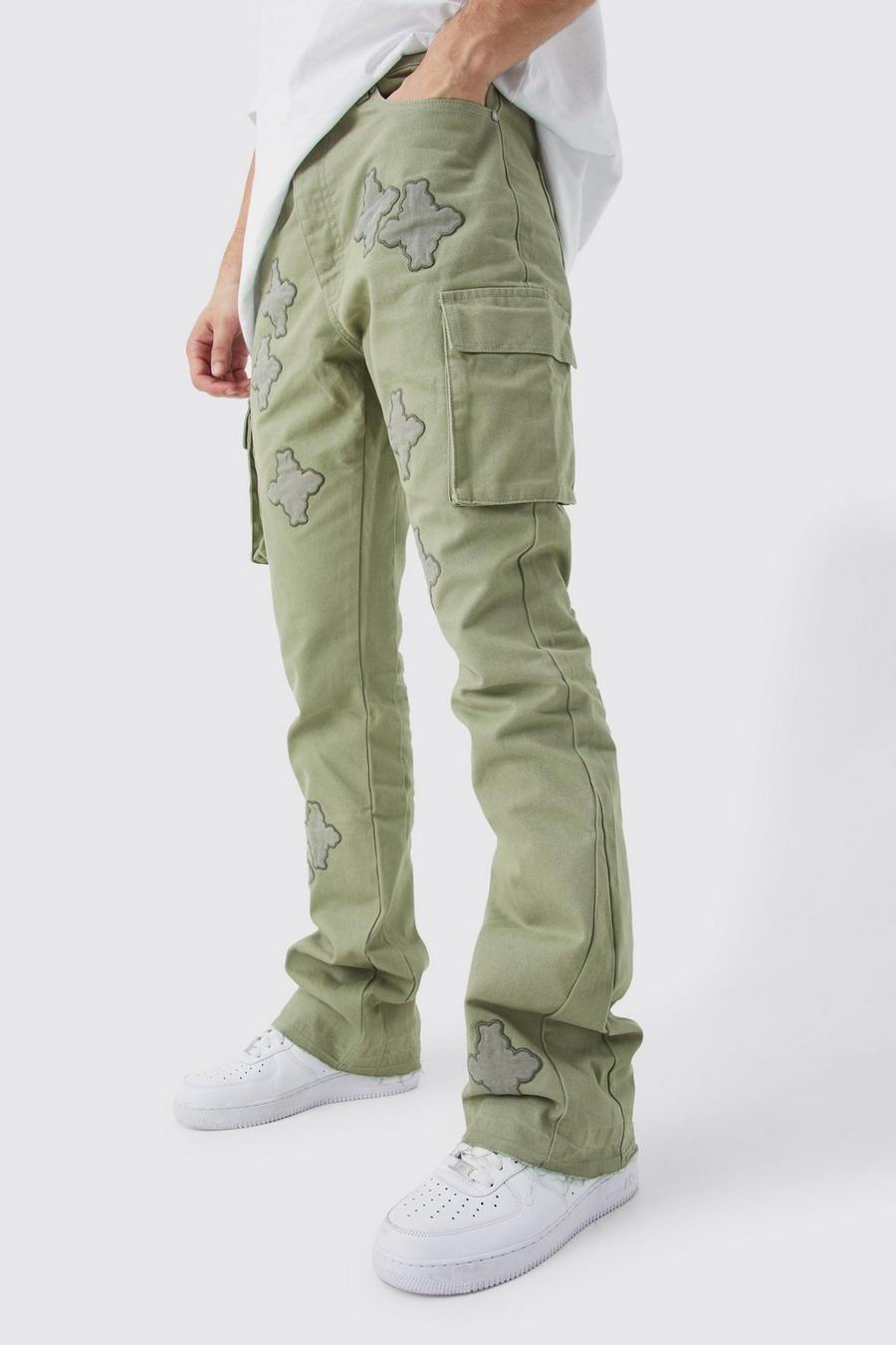 Olive Tall Fixed Waist Slim Flare Gusset Applique Cargo Trouser