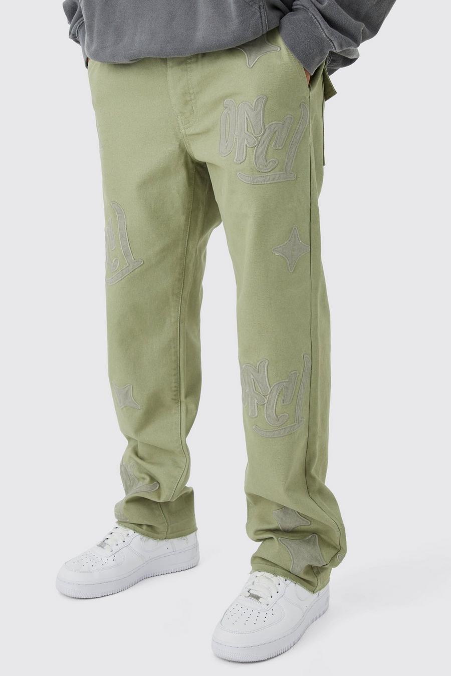 Pantalón holgado con aplique y refuerzo de cintura fija, Olive image number 1
