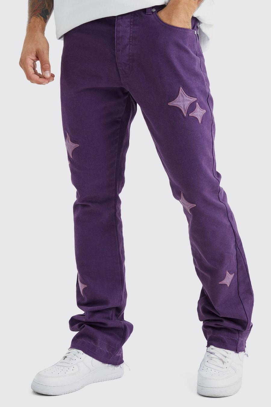 Pantalón de campana ajustado con cintura fija, refuerzos y apliques, Purple
