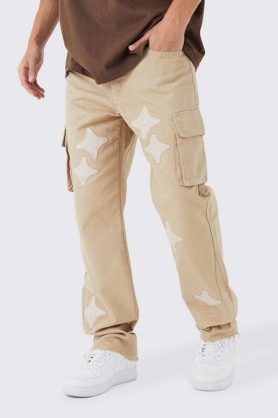 Pantalón cargo holgado con apliques, refuerzos y cintura fija, Stone image number 1