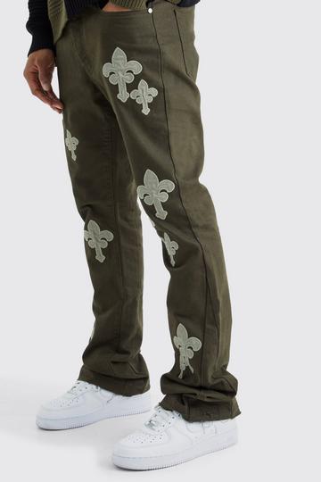 Fixed Waist Slim Flare Gusset Applique Pants khaki