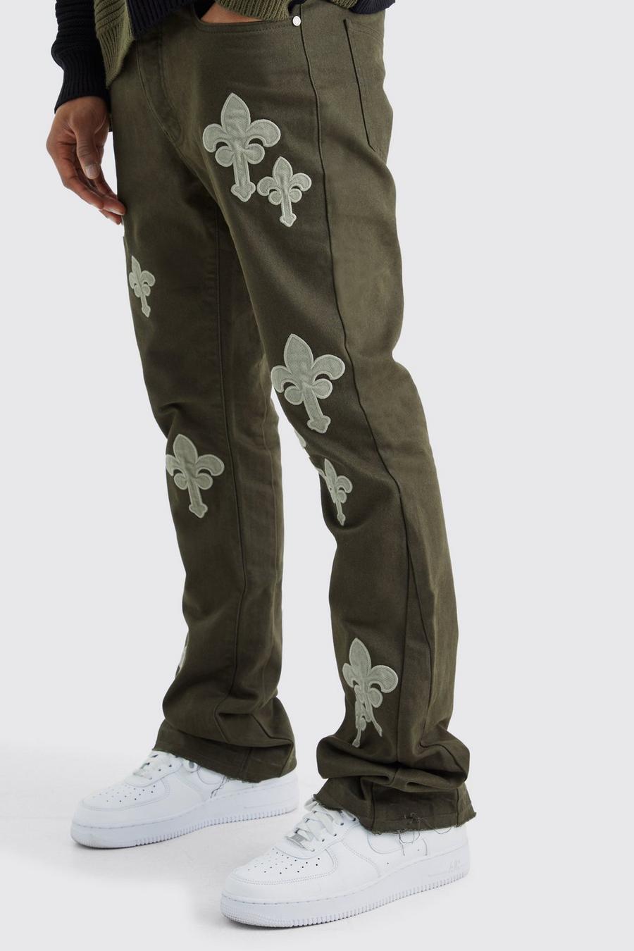 Khaki Fixed Waist Slim Flare Gusset Applique Trouser image number 1