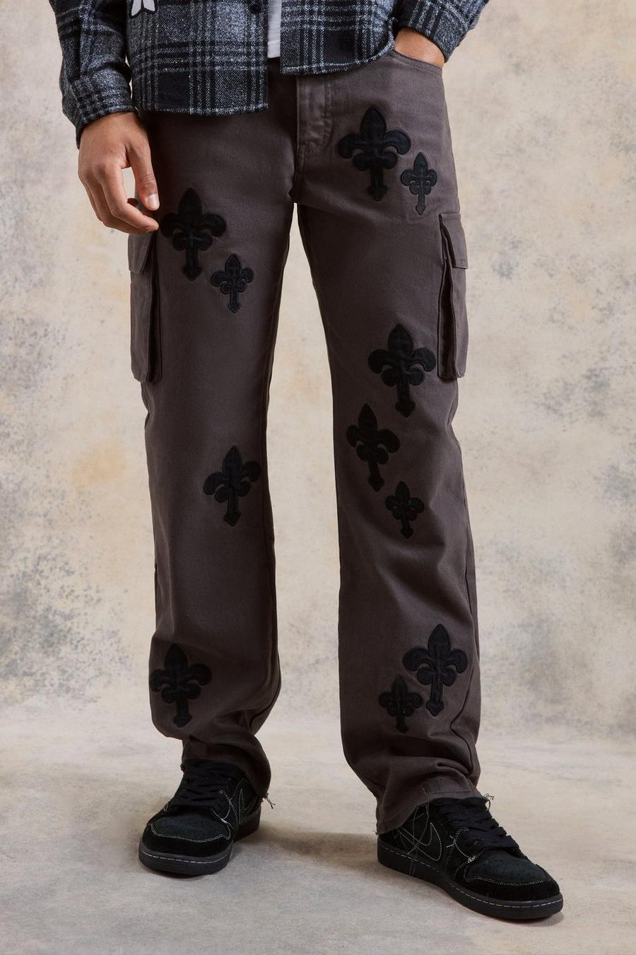 Charcoal grey Fixed Waist Relaxed Applique Cargo Gusset Trouser