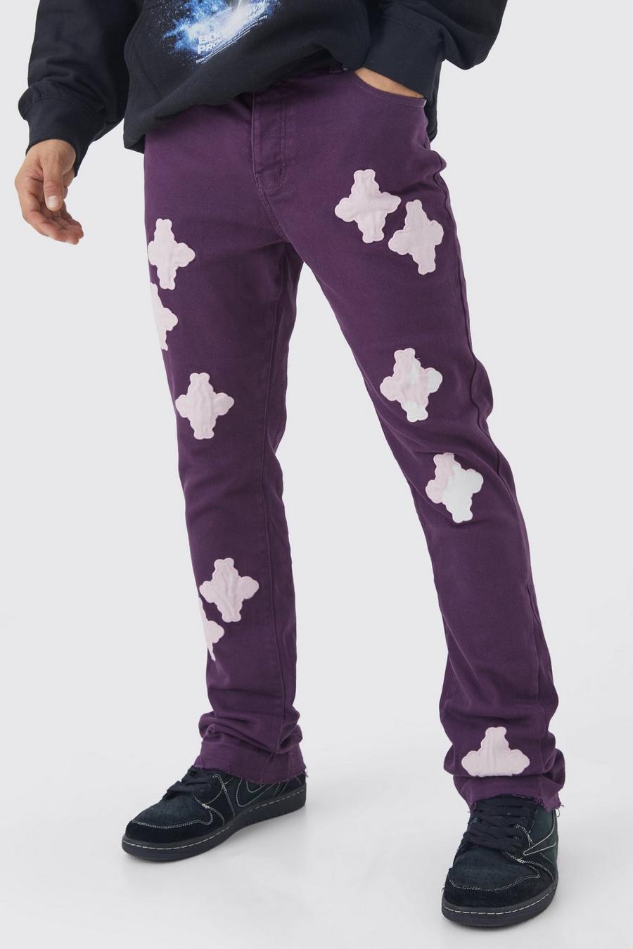 Purple Fixed Waist Skinny Flare Gusset Applique Trouser image number 1
