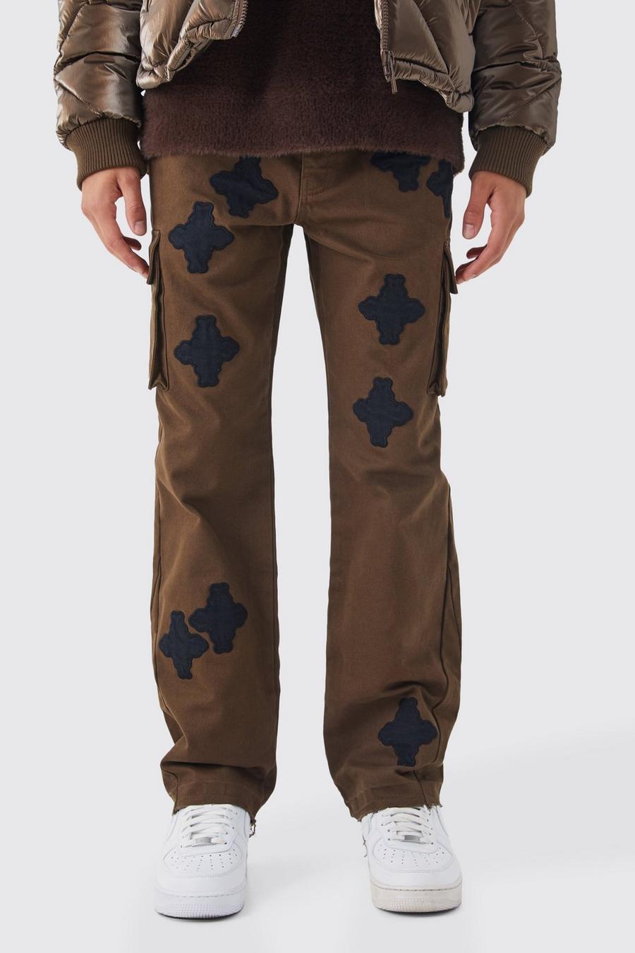 Pantalón cargo holgado con apliques, refuerzos y cintura fija, Chocolate