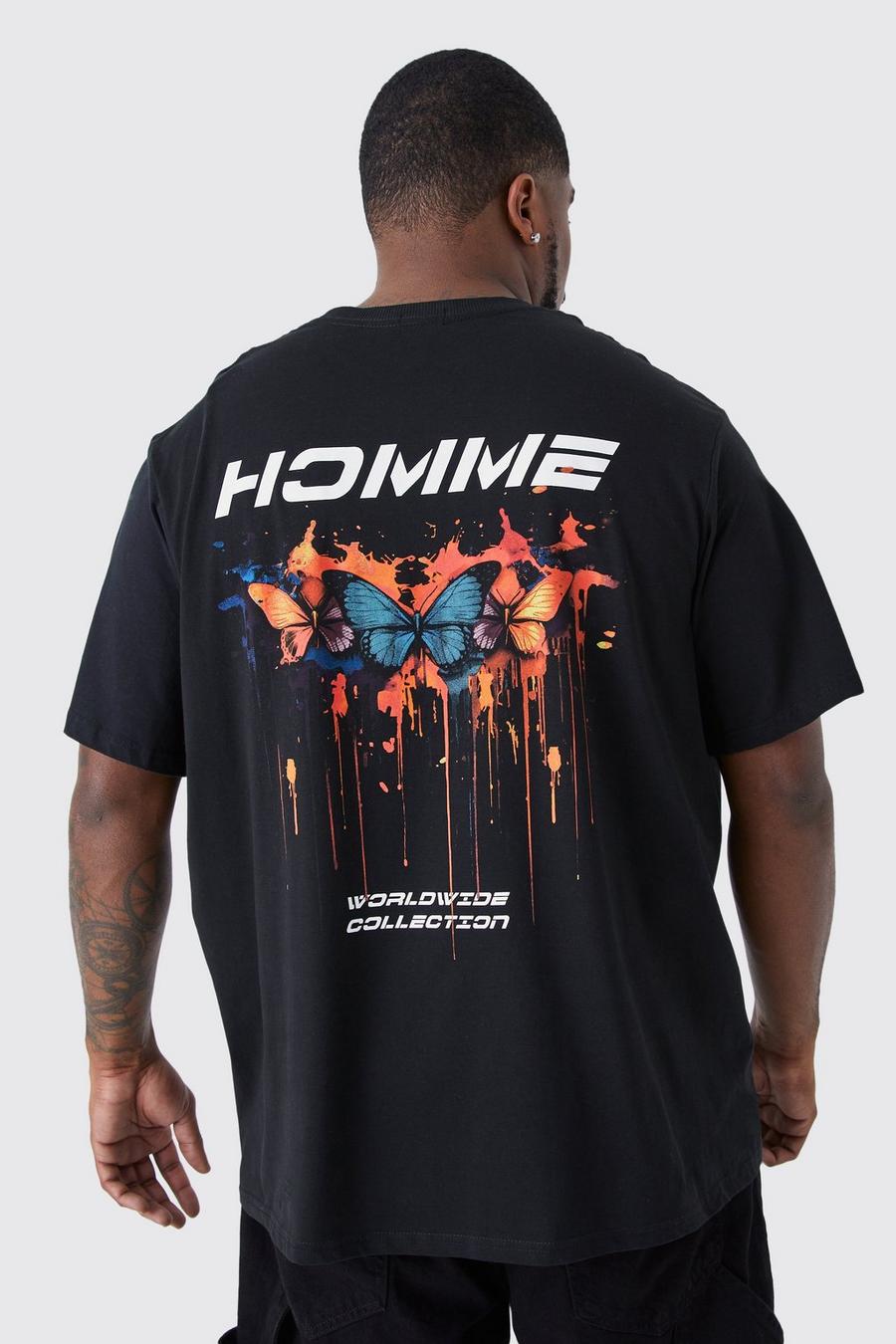 T-shirt Plus Size oversize Homme con grafica di farfalle, Black negro