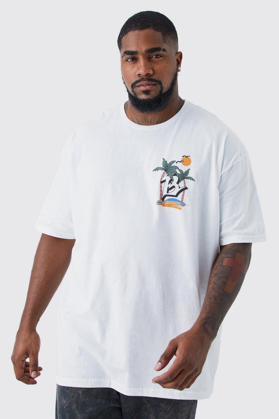 Plus Oversize T-Shirt mit Palm Paradise Print, White blanc