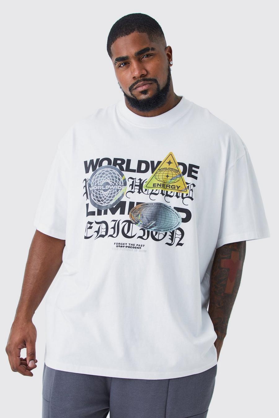 White Plus Oversized World Wide T-Shirt Met Brede Nek