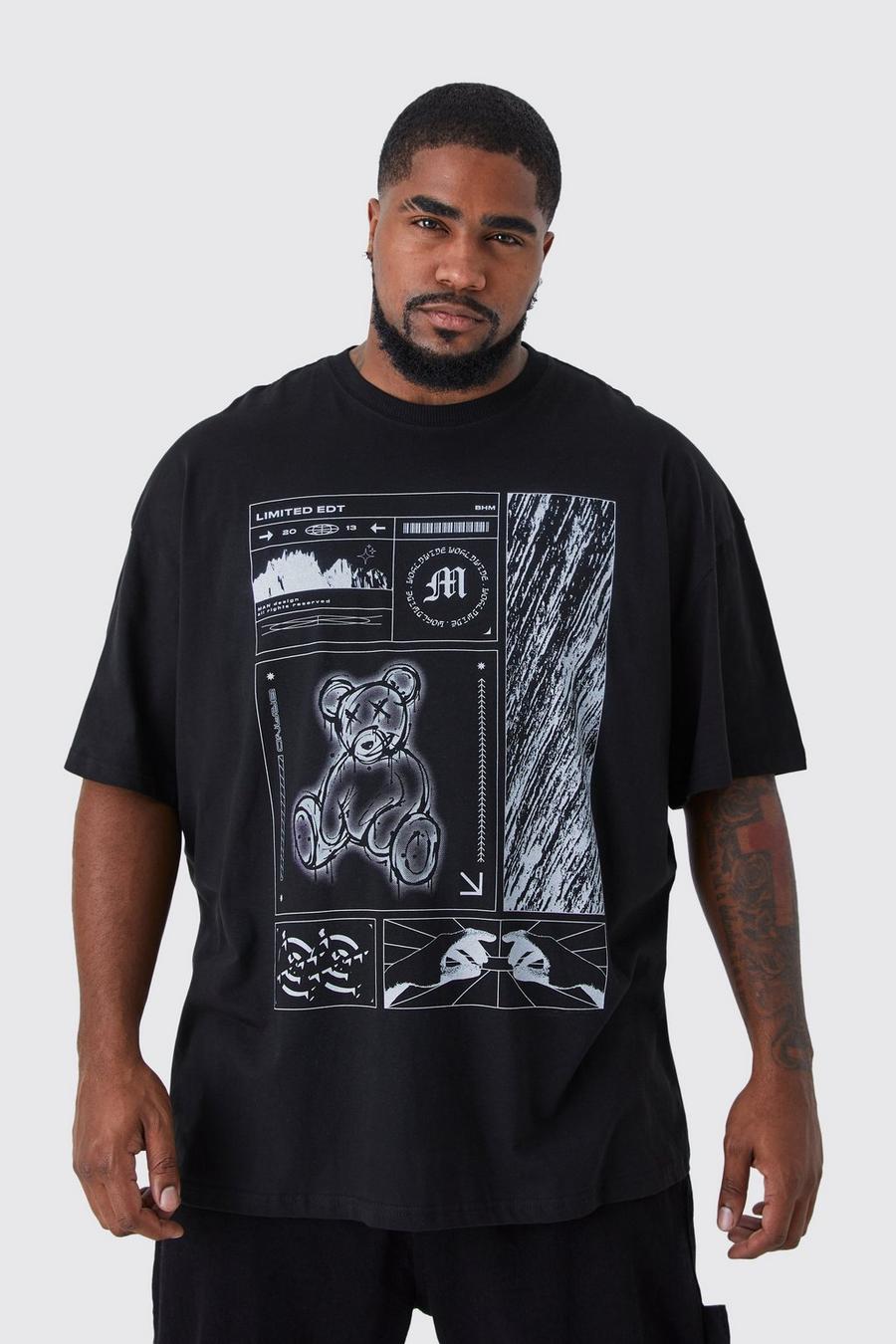 Black noir Plus Oversized Teddy Multi Graphic T-shirt