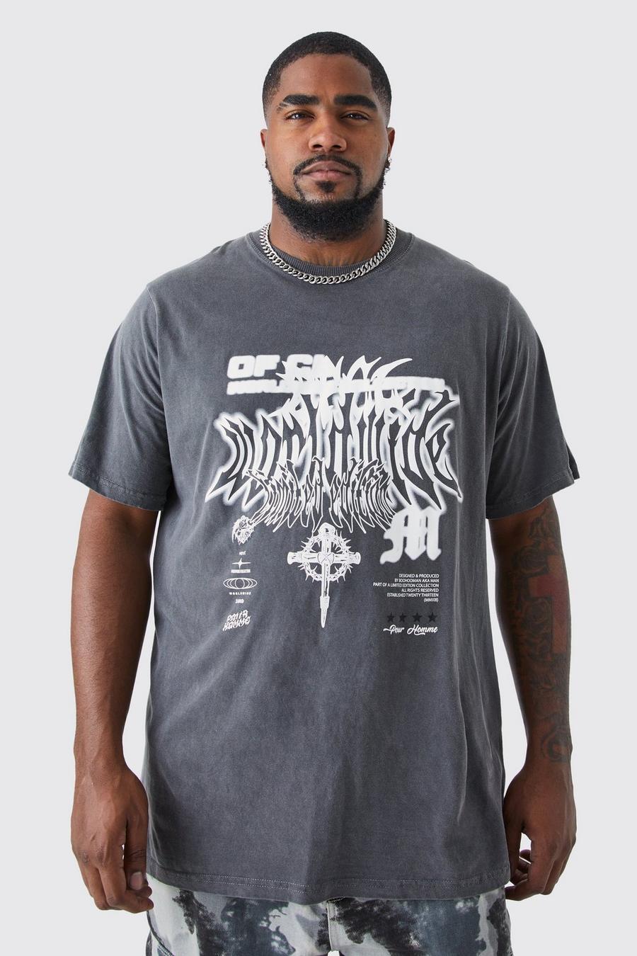 Charcoal Plus Oversized Overdyed Gothic Graphic T-shirt image number 1