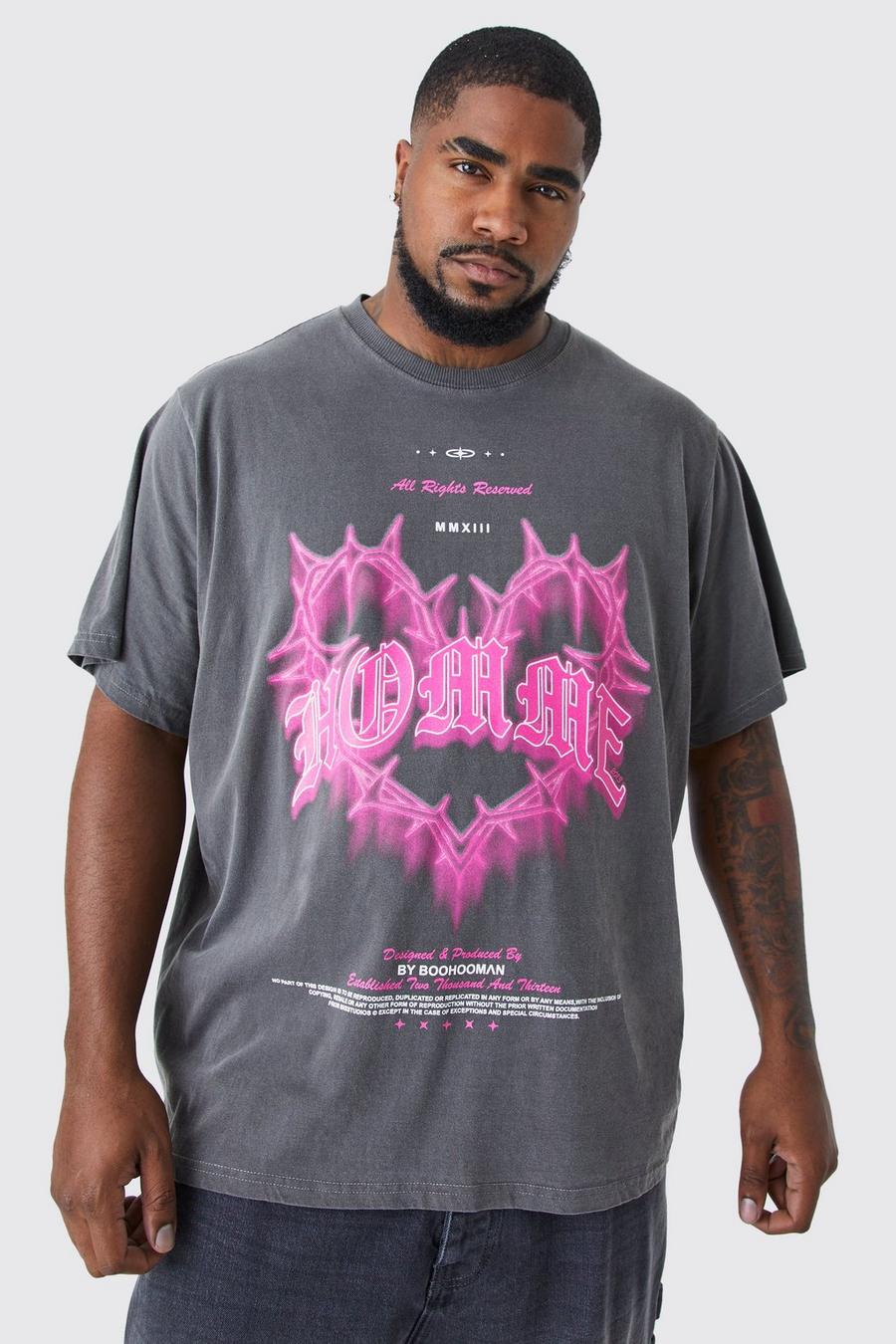 Charcoal grey Plus Oversized Overdyed Gothic Homme Print T-shirt