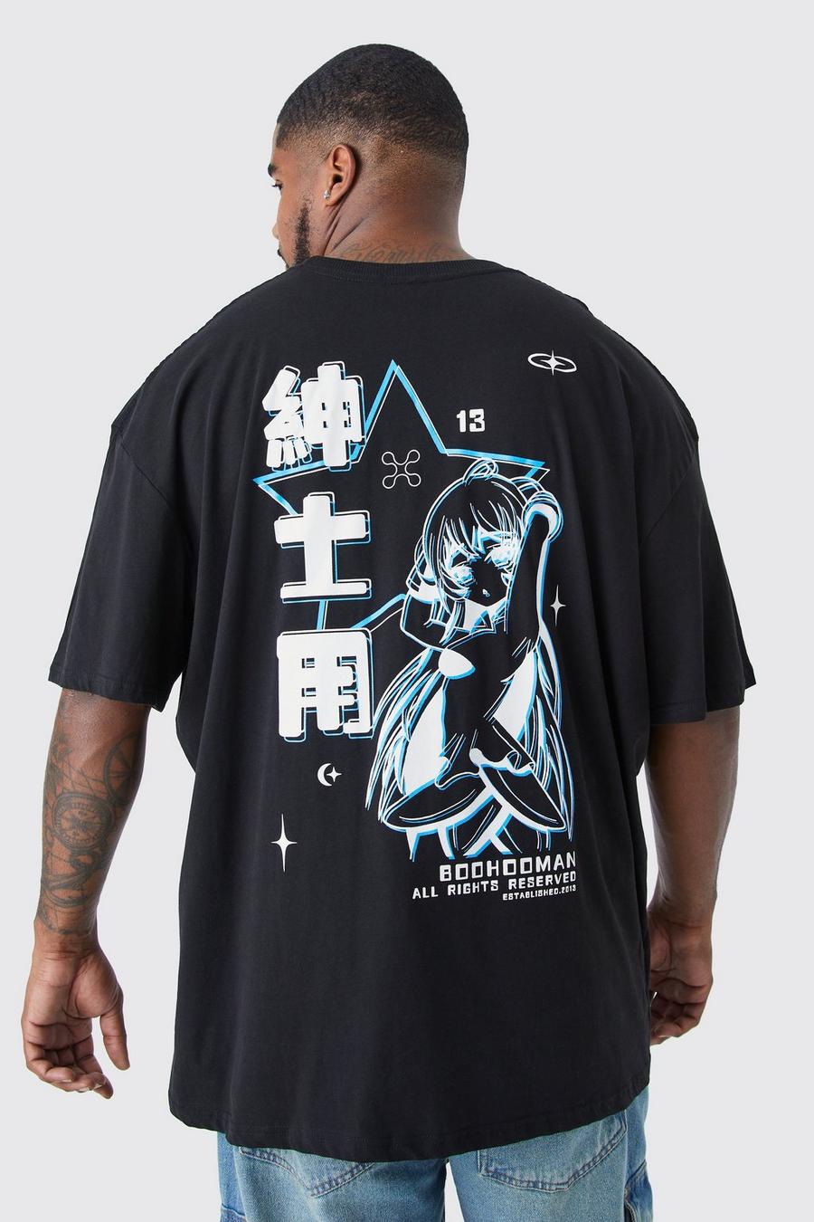 Camiseta Plus oversize con estampado de anime en la espalda, Black negro