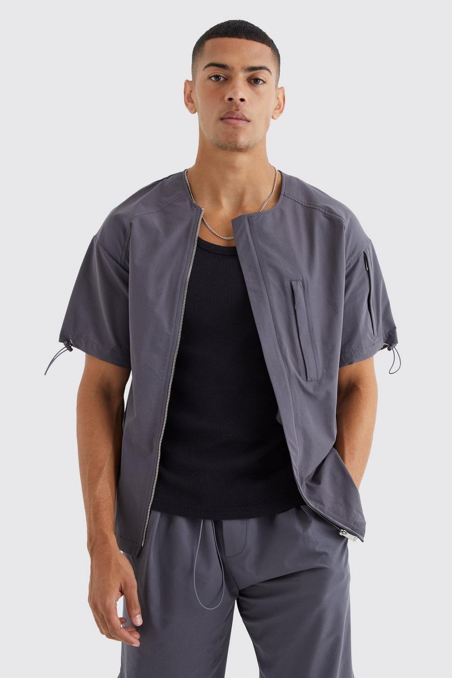 Charcoal grey Short Sleeve Collarless Technical Zip Shirt